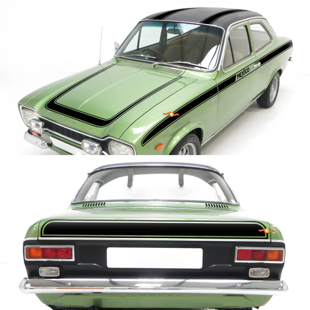 Vintage Strepen volledige set van zij-, motorkap- en achterstrepen voor Ford Escort 1970 Mexico
