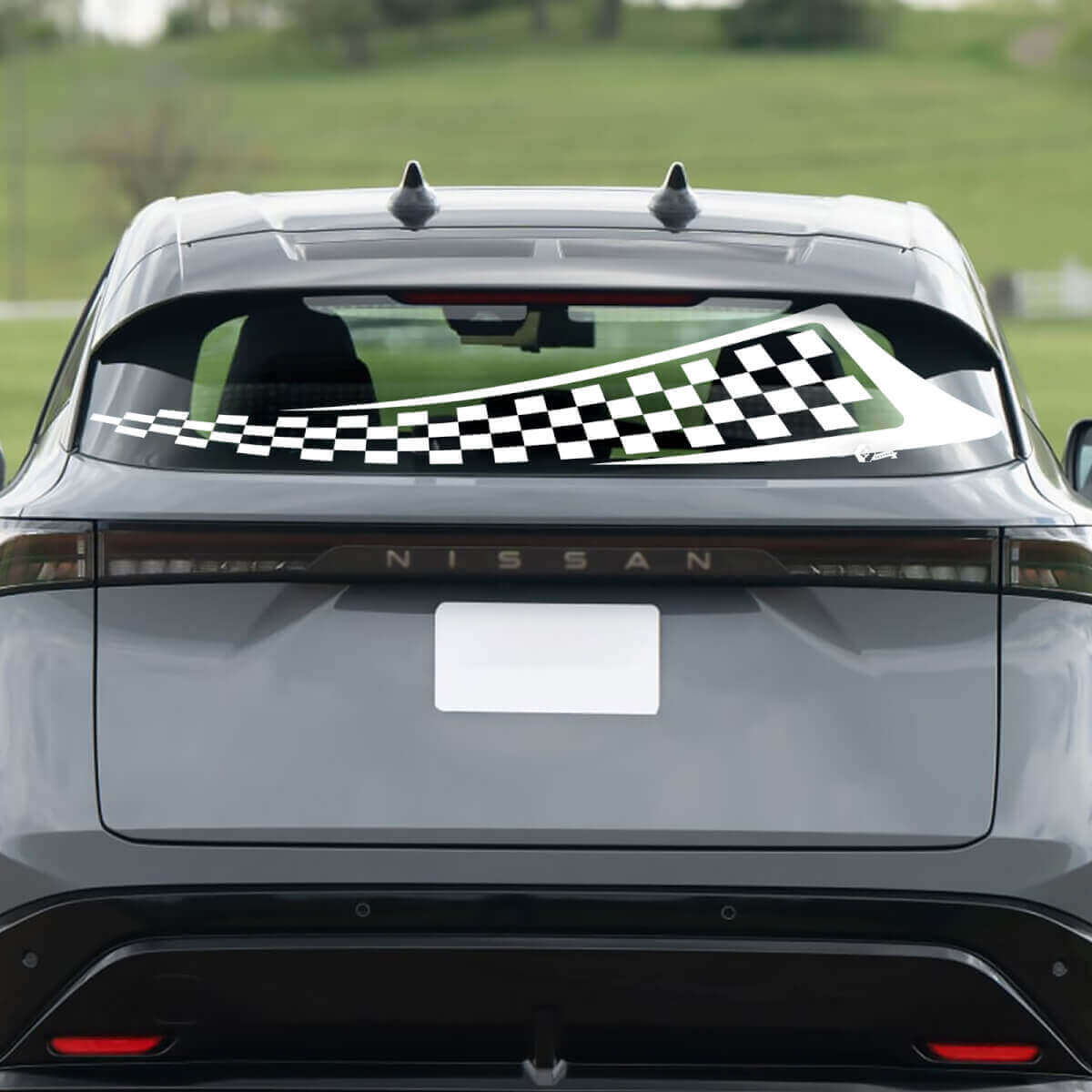 Achterruit geblokte vlag racegraphics sticker voor Nissan ARIYA
