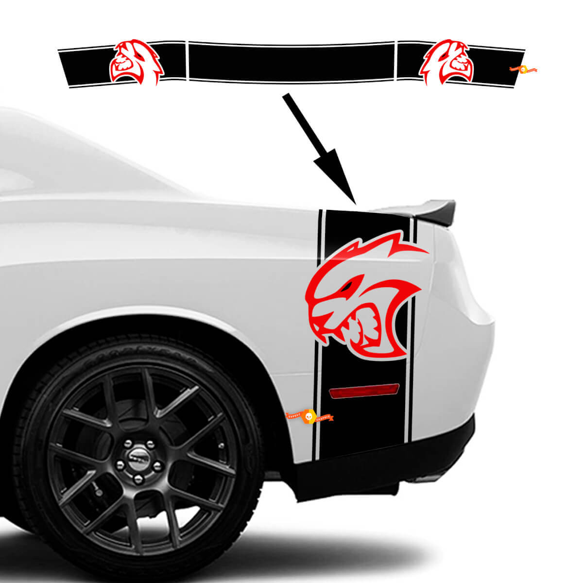 Zij- en achterband Rode HELLCAT Decal Sticker graphics voor Dodge Challenger
