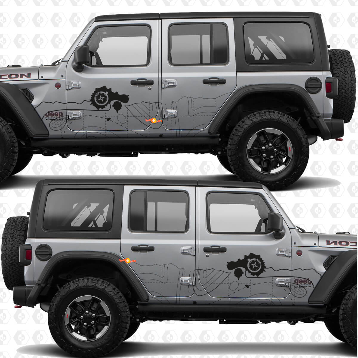 Topografische Kaart Kompas Zijdeuren Strepen Vinyl decal sticker passend voor Jeep Wrangler
