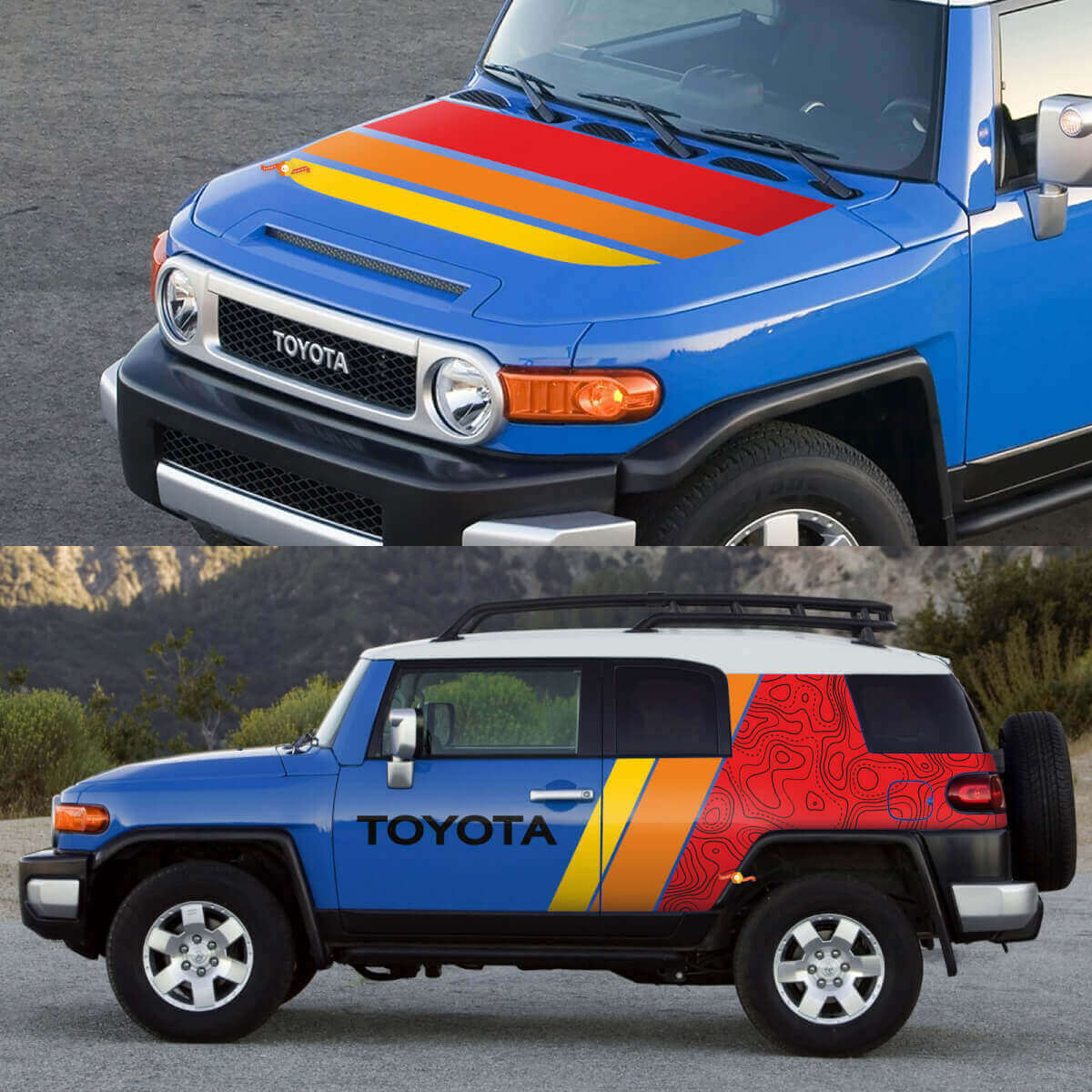 Retro topografische motorkap- en zijgrafiek vinylstickerkit voor Toyota FJ Cruiser