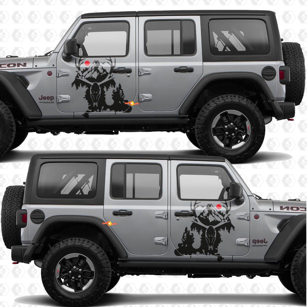 Deer Skull Mountains Splash Zijdeuren Vinyl decal sticker passend voor Jeep Wrangler
