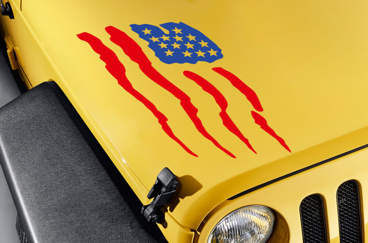 Vinylsticker in Amerikaanse vlagklauwstijl voor motorkap van Jeep Wrangler