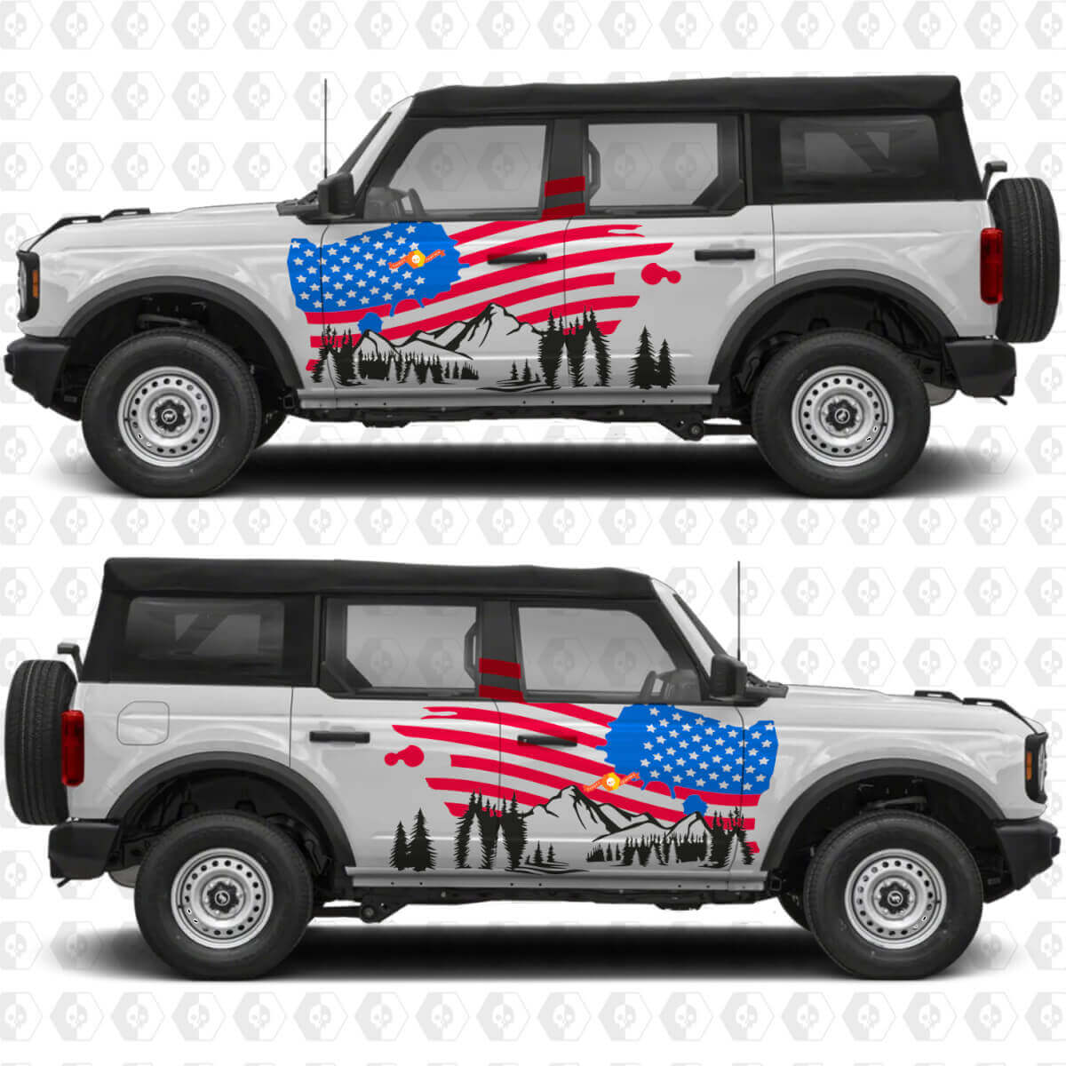 USA Vlag Bergen Zijdeuren Vinyl Decal Kit voor Musclecar paard