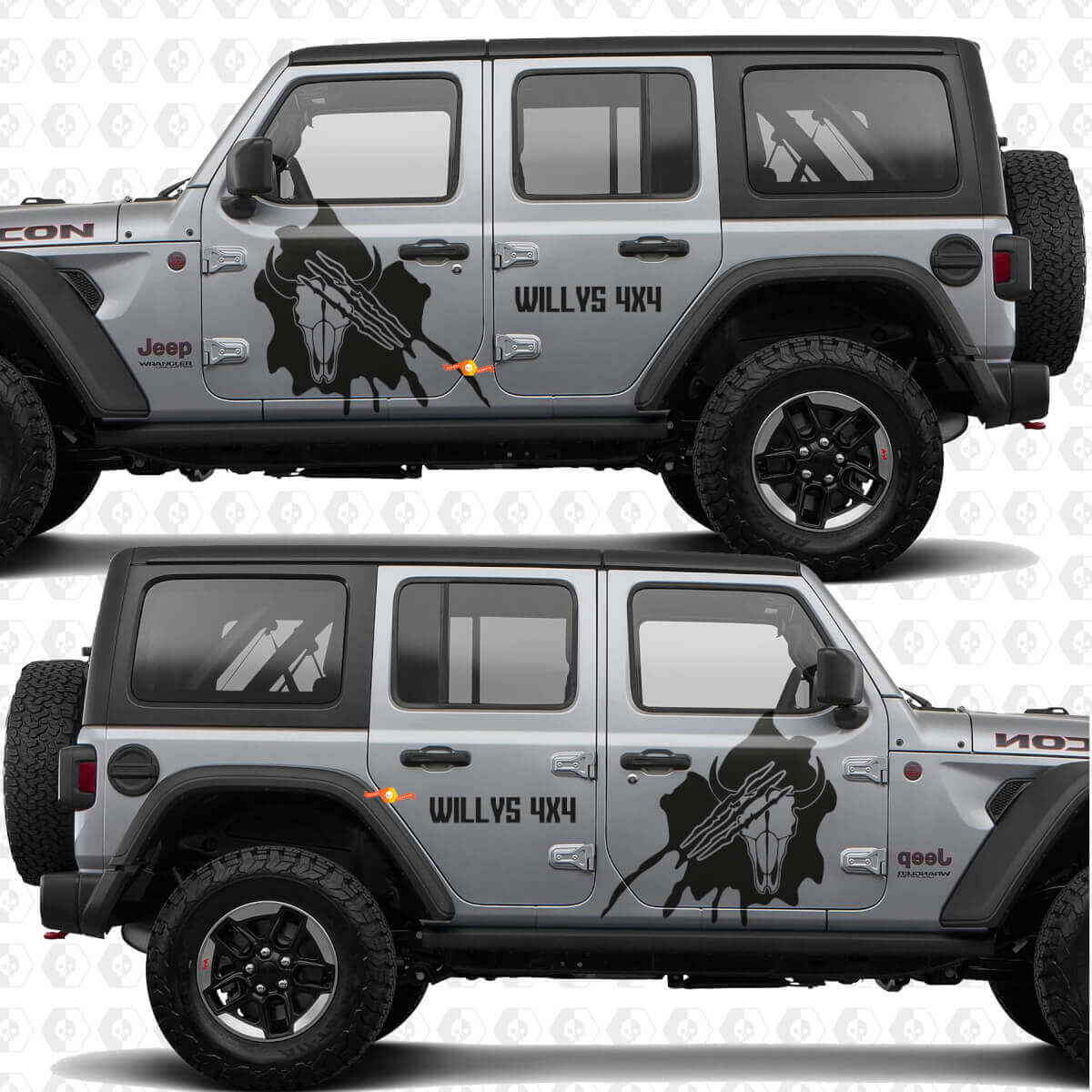 4x4 Klauwmotief Schedel Zijkanten Deurs Vinyl sticker passend voor Jeep Wrangler