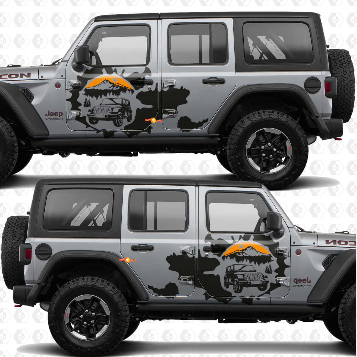 Overland Mountains Sunset Splash Zijdeuren Vinyl decal sticker passend voor Jeep Wrangler