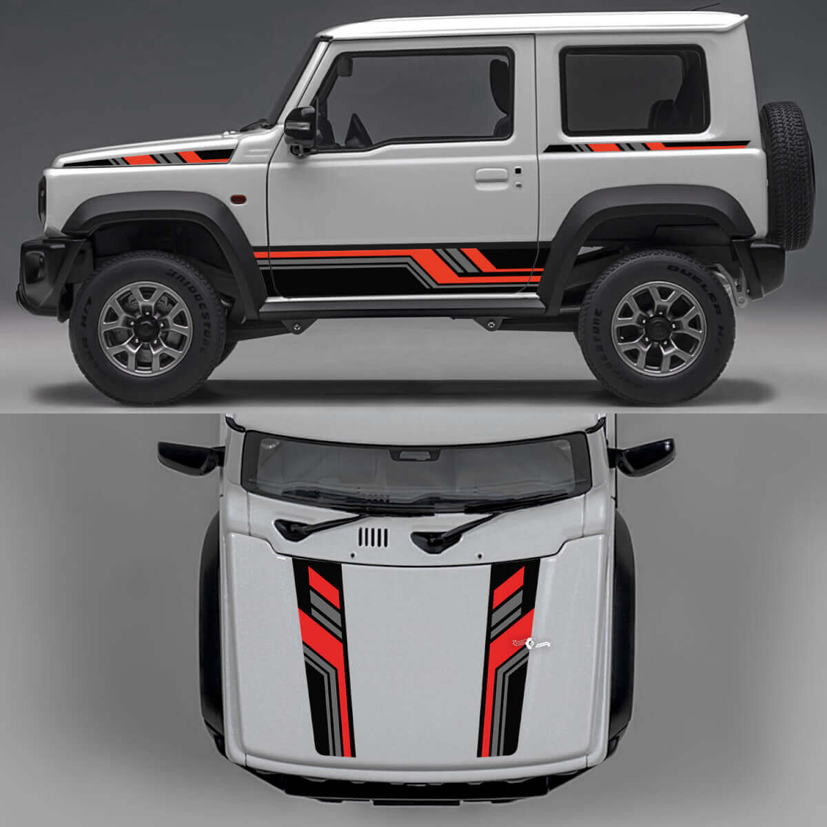 Rhino Edition Abstracte Lijnen Grafische Zijdelen en Motordeksel Vinyl Stickers 2 voor Suzuki Jimny