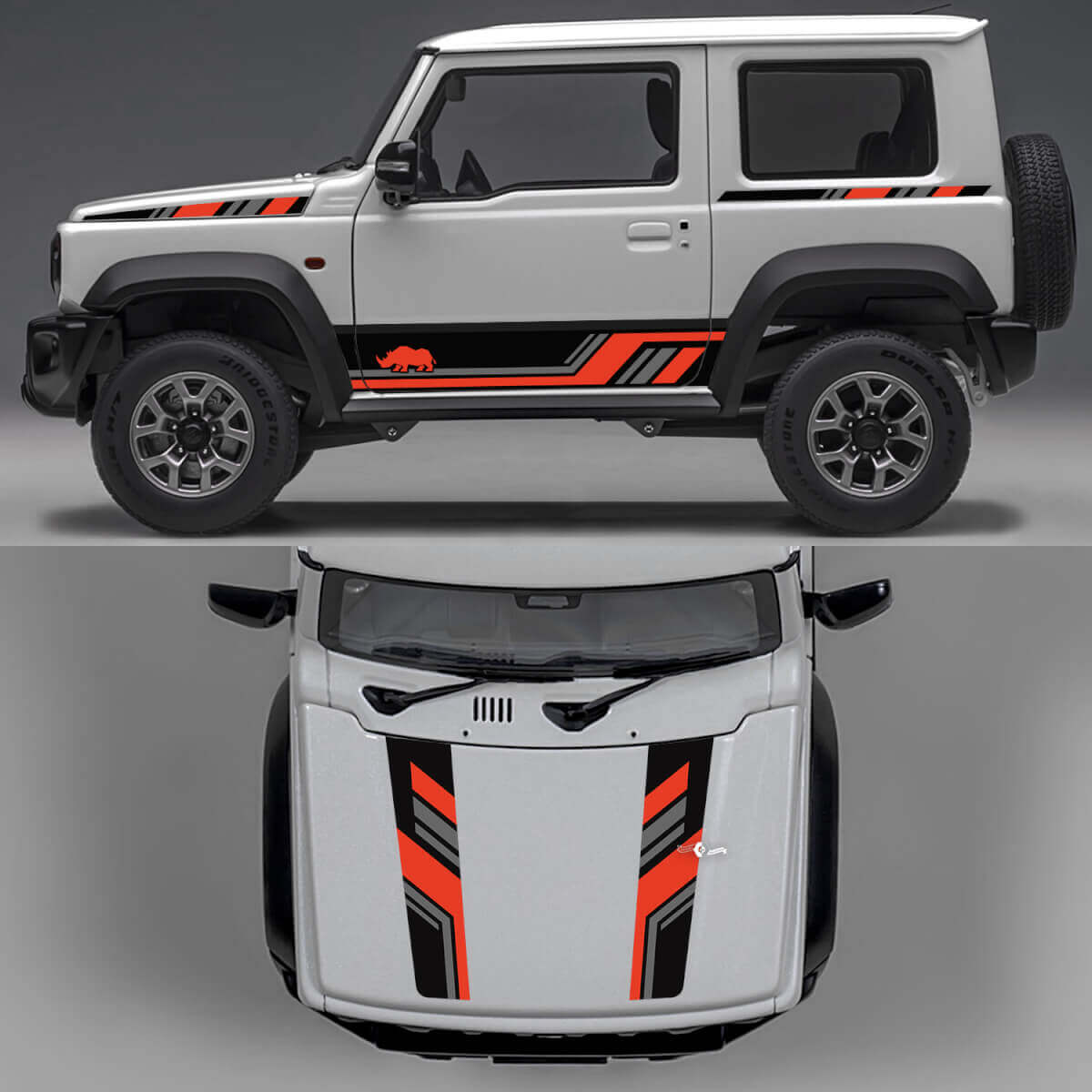 Rhino Edition Abstract Lines Grafische Zijdeuren en Motordeksel Vinyl Stickers 3 voor Suzuki Jimny