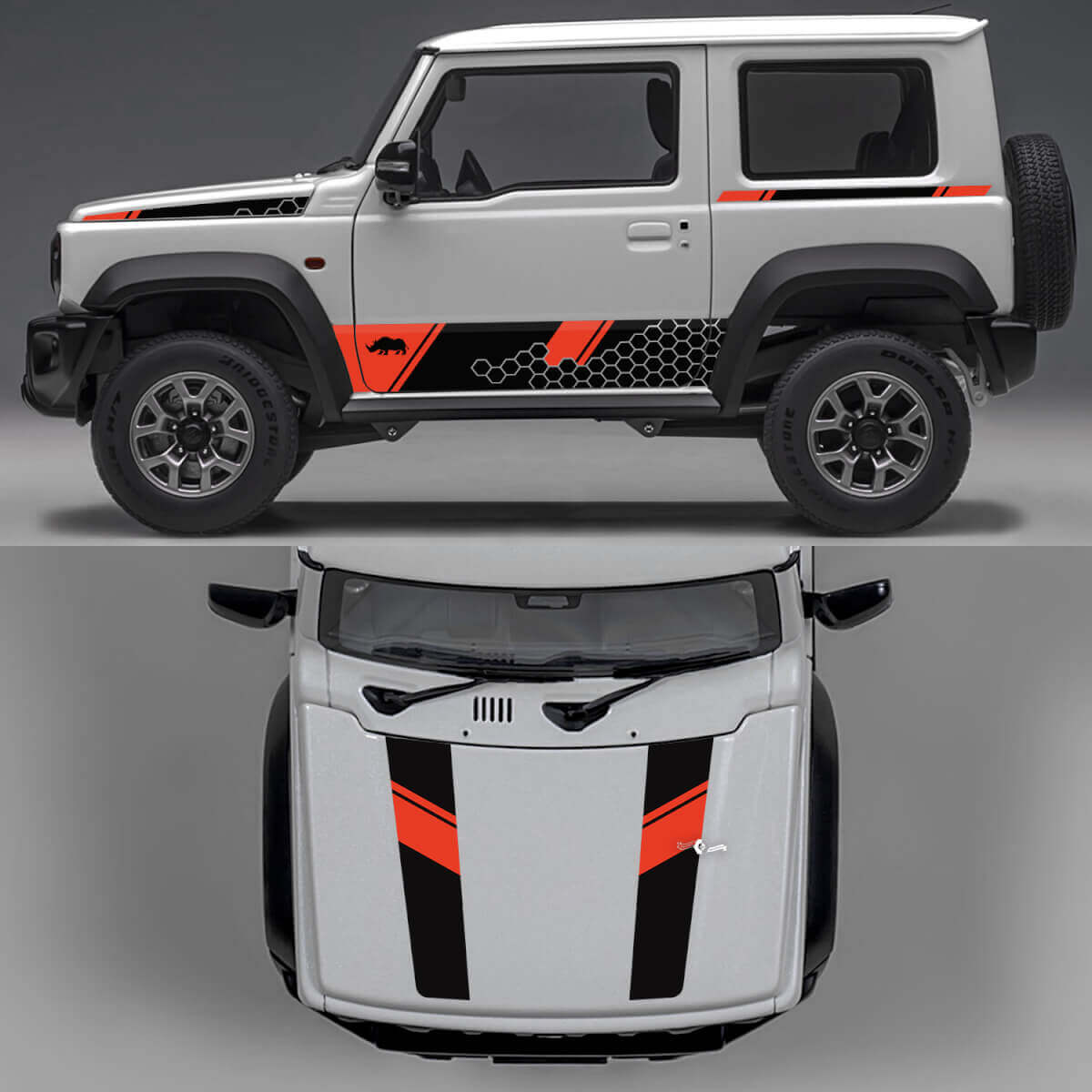 Rhino Edition honingraat Abstracte lijnen grafische zijdeuren en motorkap Vinyl decals 2 voor Suzuki Jimny