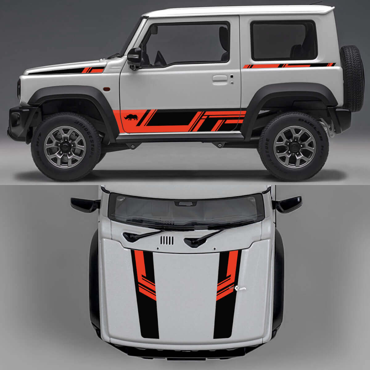 Rhino Edition Abstracte Lijnen Grafische Zijduren en Motordeksel Vinyl Stickers 4 voor Suzuki Jimny