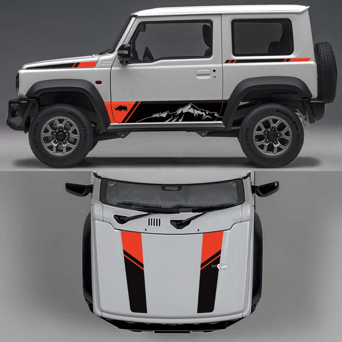 Rhino Editie Bergen Abstracte Lijnen Grafische Zijdeuren en Motorkap Vinyl Stickers voor Suzuki Jimny