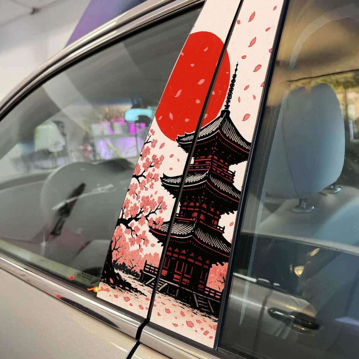 Japanse Tempel Zonsondergang Sakura Bloemblaadjes Pilaren Deuren Vinyl Sticker Decal