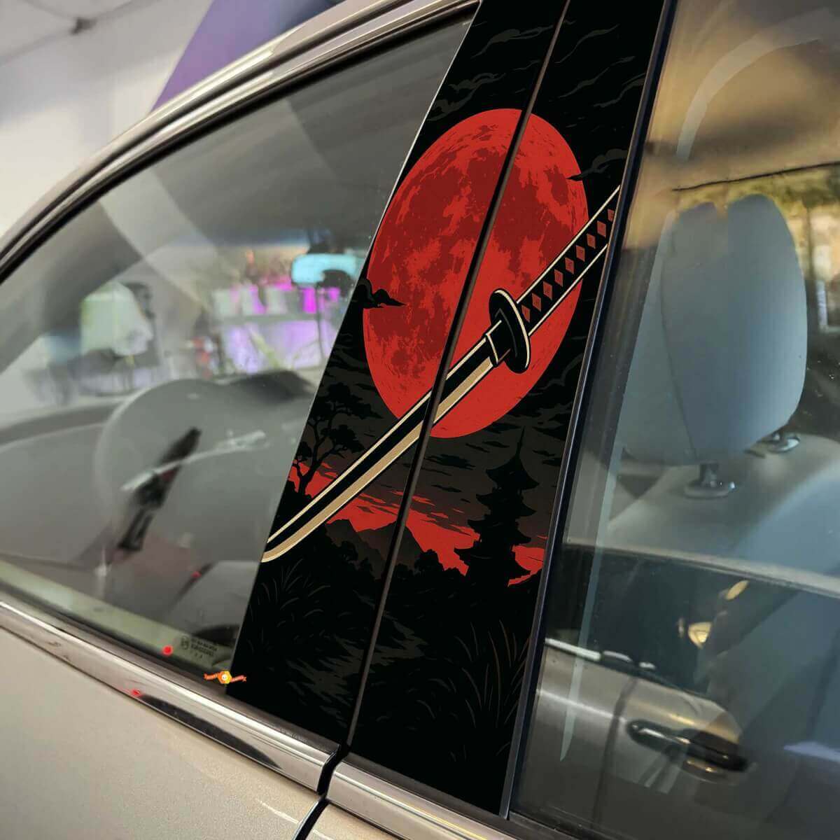 Japanse Katana Rode Maan Auto Pilaar Deur Vinyl Decal Kit