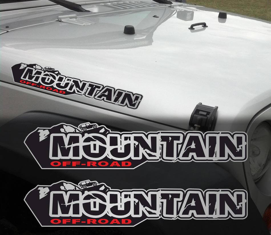 Versleten Berg Off-Road Motorkap Zij Vinyl Decal Set voor Jeep Wrangler