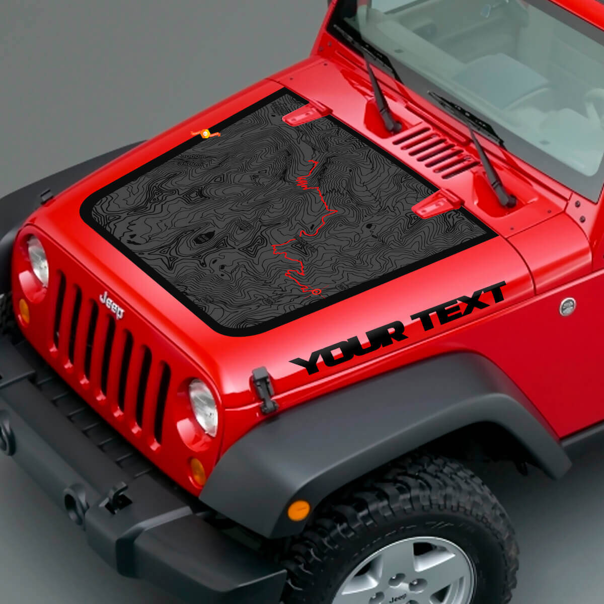 Topografische kaart & aangepaste tekst motorkap vinylsticker voor Jeep Wrangler