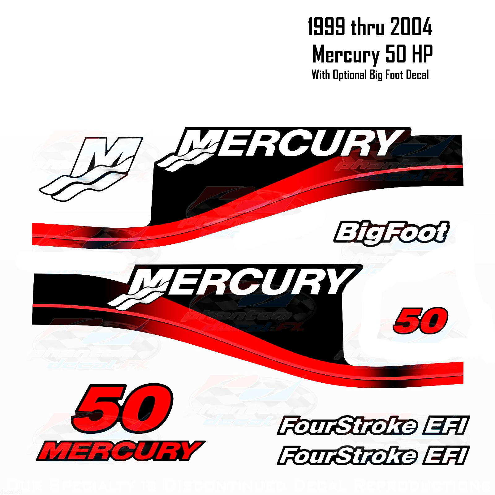 1999-2004 Mercury 50HP rode stickers twee- en viertakt EFI BigFoot 11 pc Repro