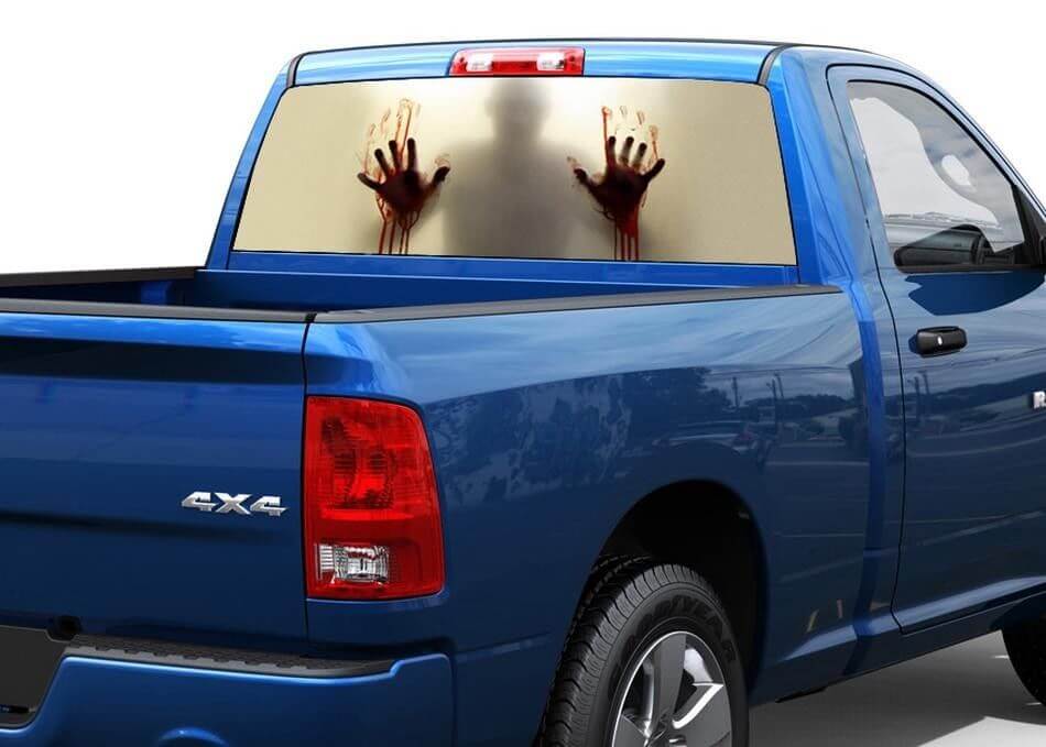 Zombie achter het glas bloed Achterraam Grafische Decal Sticker 2 Truck SUV