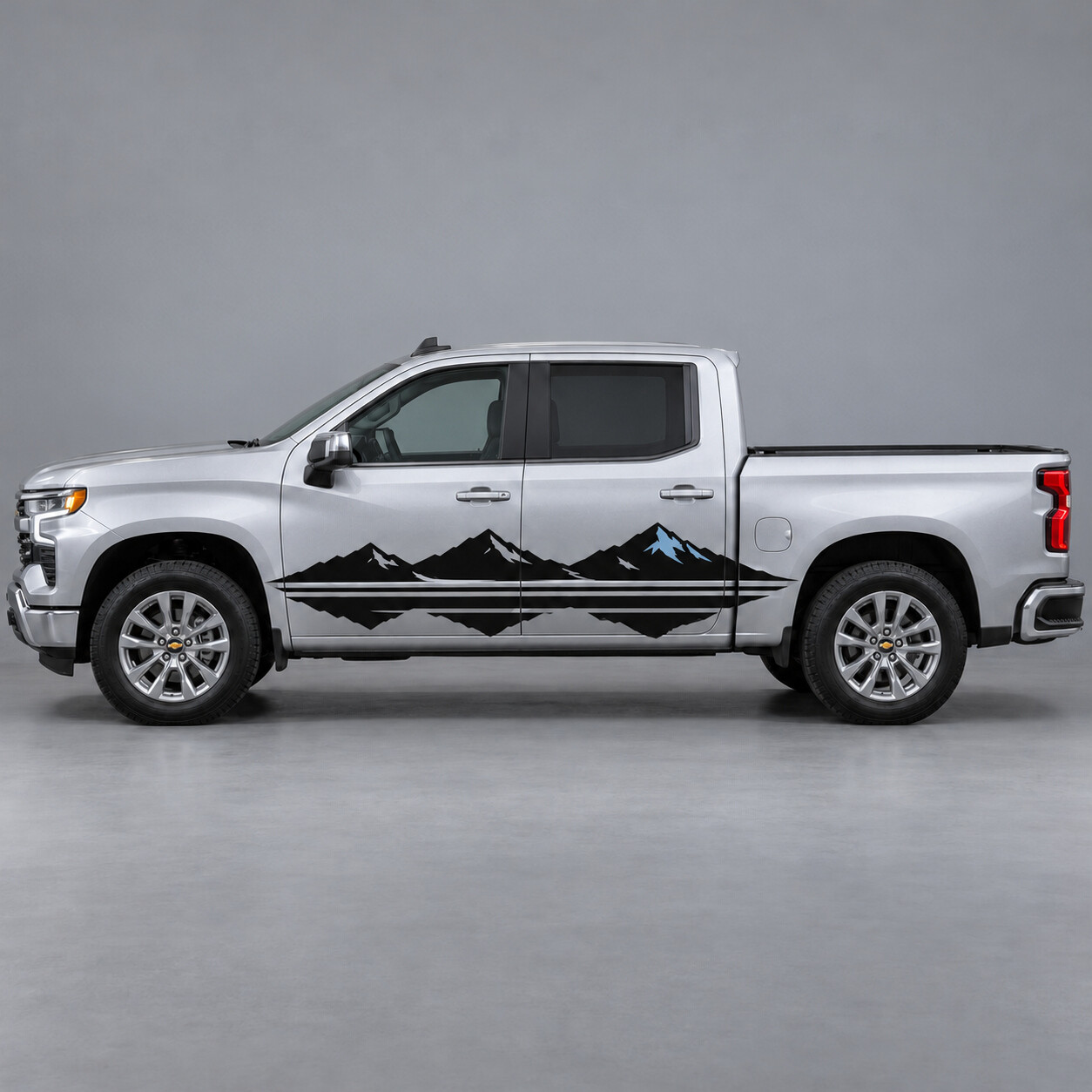Summit Reflection Mountain Stripes Zijvinylstickers voor Chevrolet Silverado 1500 LT Crew Cab T1XX 2022–2026