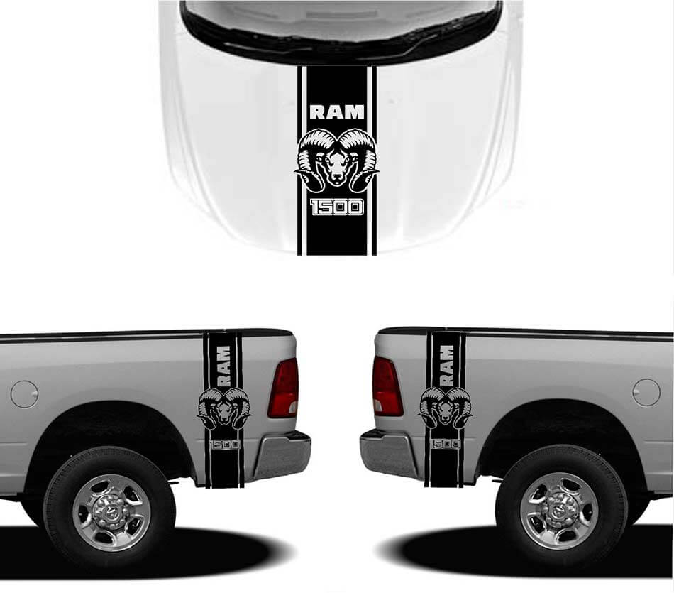 Hemi Stijl Motorkap en Zijkant Strepen Vinyl Stickers Set voor Dodge RAM 1500 2500