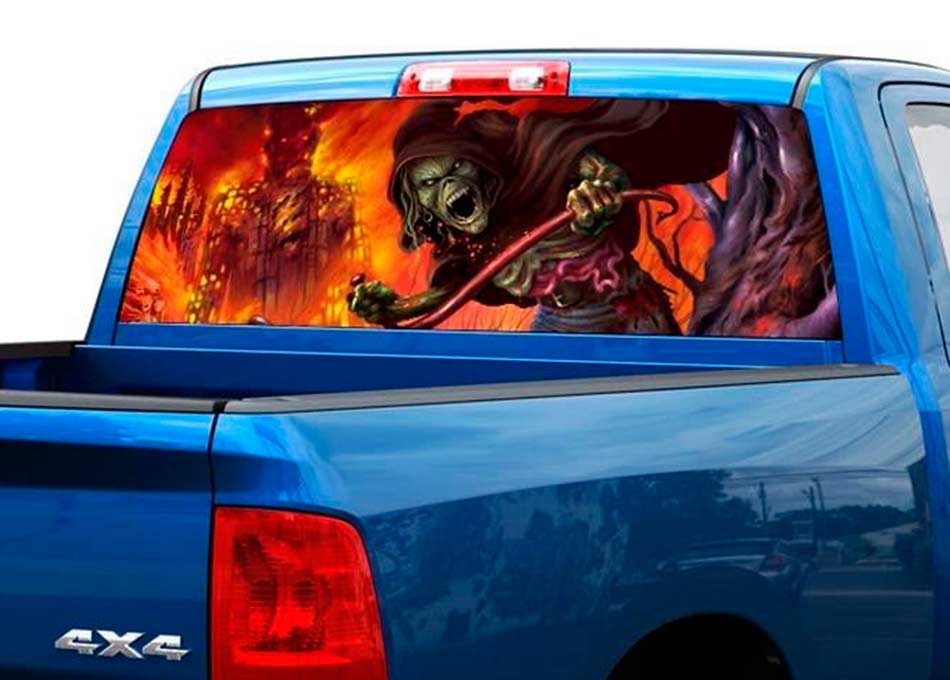 Schedelgroene dood in vlam achterruit sticker sticker pick -up suv -auto