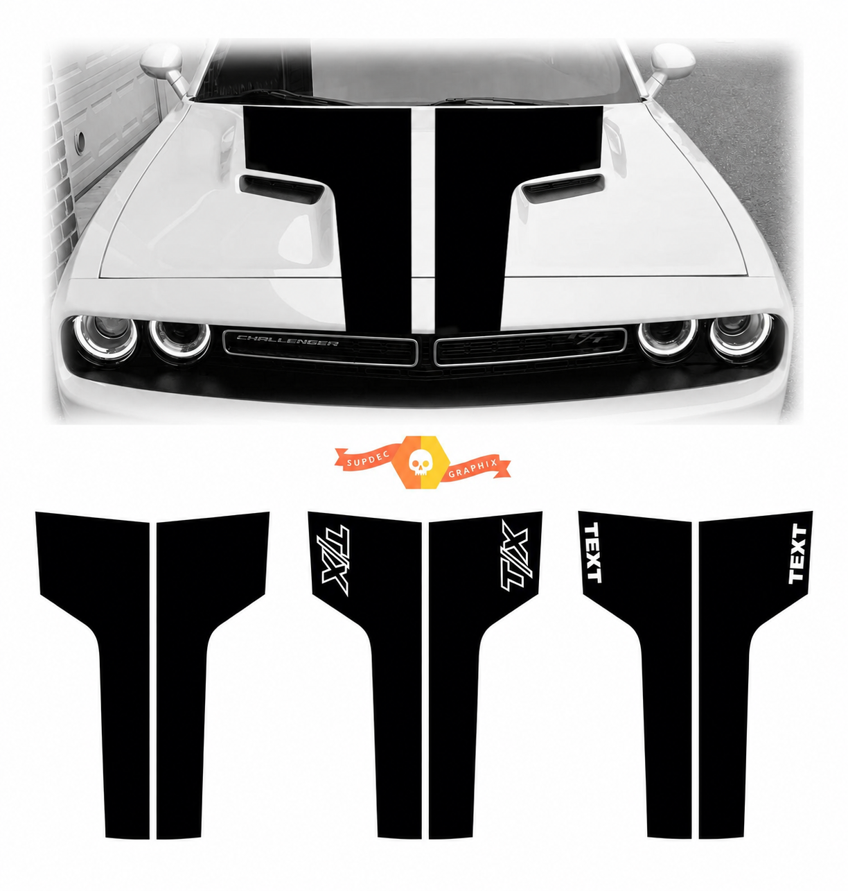 Aangepaste tekst T/X dubbele racebaanstreep kit motordeksel vinyl sticker voor Dodge Challenger 2009-2014