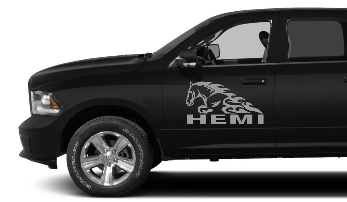 2X DODGE HEMI HORSE IN FLAME DECAL HEMI 3.7 V8 RAM 1500 grafische vinylstickers
