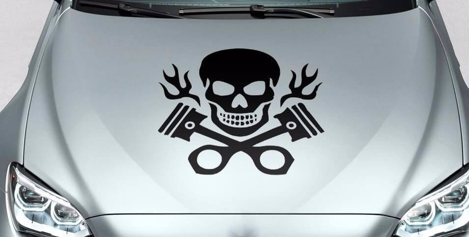 Schedel en gekruiste zuigers met vlammen motorkap carrosserie logo vinyl stickers decals
