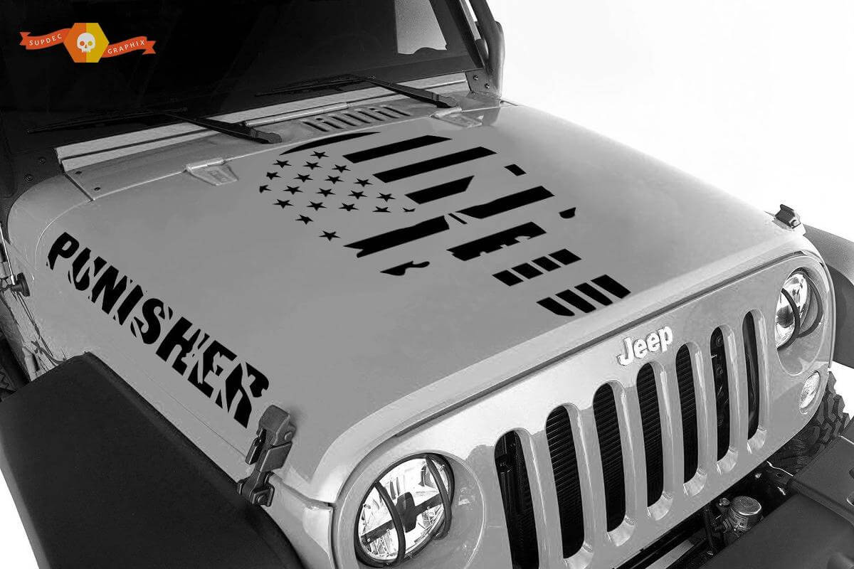 Punisher Skull Amerikaanse Vlag Stijl Motorkap Vinyl Decal Set voor Jeep Wrangler