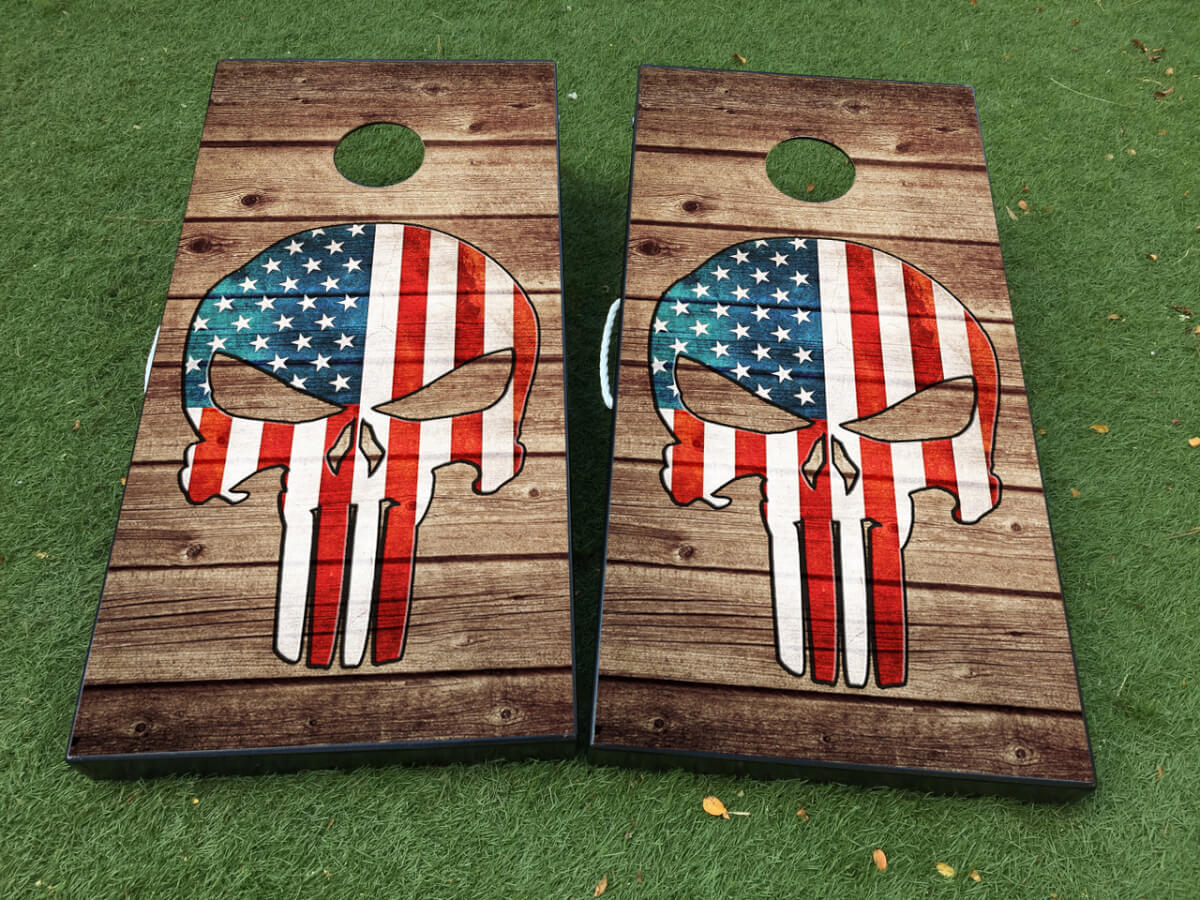 Punisher-stijl USA vlag schedel Cornhole bord wrap decal set