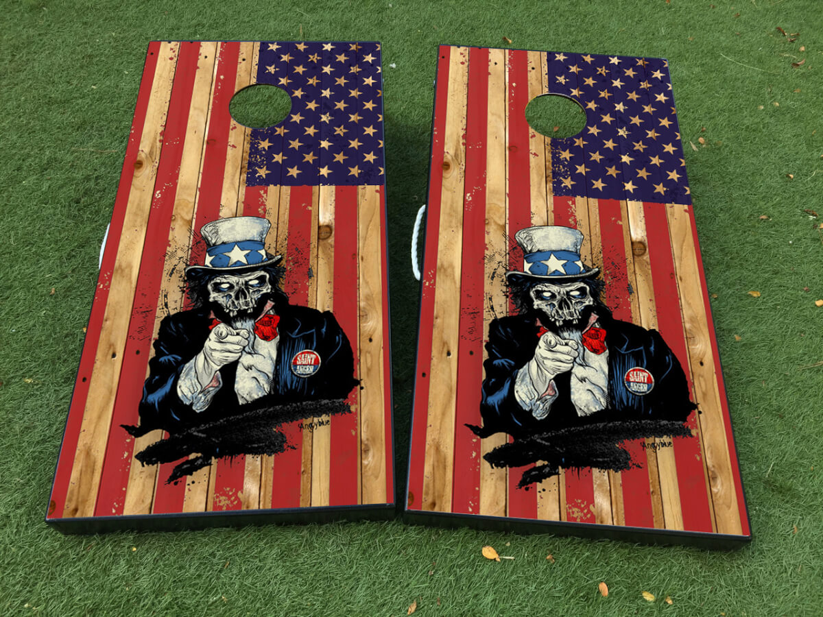 Skeleton Uncle Sam Amerikaanse Vlag Cornhole Board Vinyl Decal Wrap Set