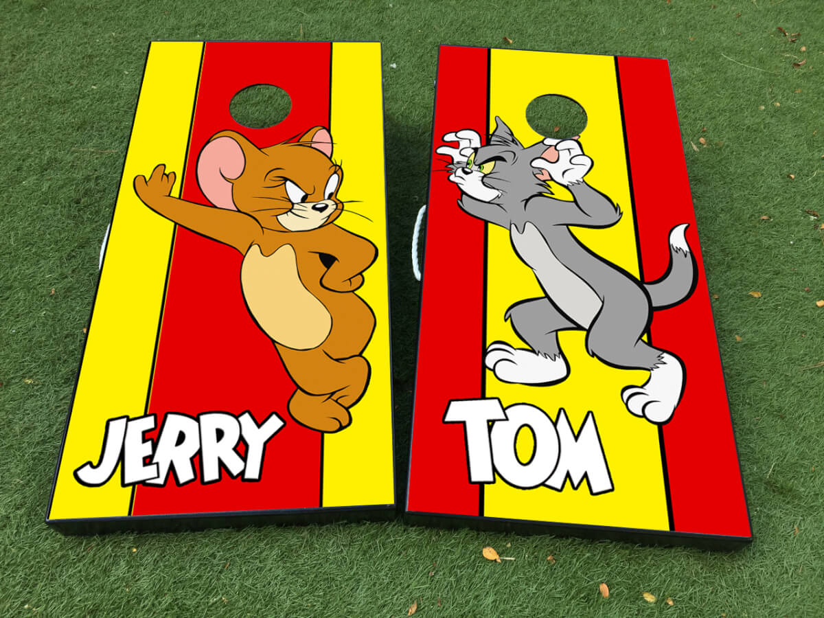 Tom en Jerry Cartoon Cornhole Board Vinyl Wrap Decal Set met Matte Laminering