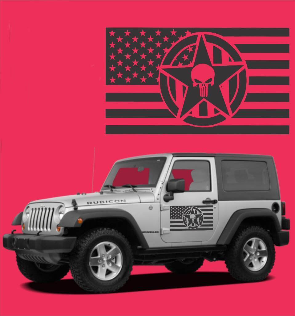 USA Vlag Punisher Schedel Ster Deur Vinyl Stickerset voor Jeep Wrangler