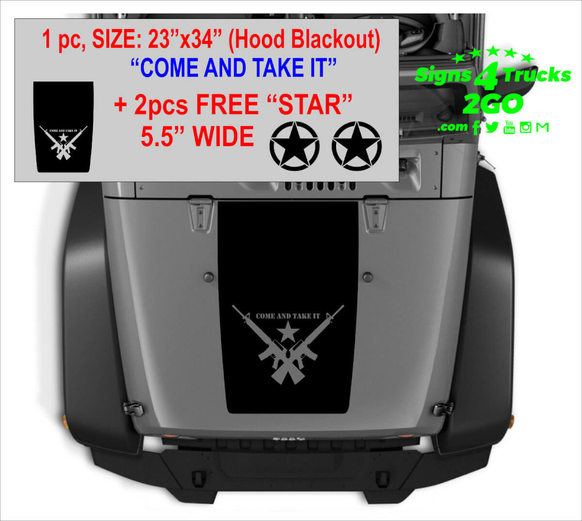 Come and Take It Motorkap Blackout Decal Set met Ster Stickers voor Jeep Wrangler JK