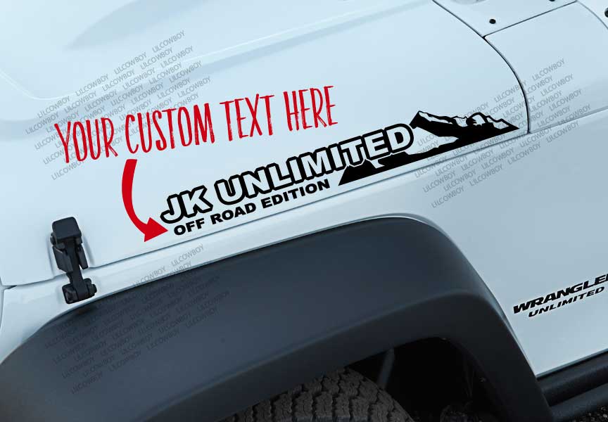 Aangepaste tekst & JK Unlimited motorkap vinyl sticker voor Jeep Wrangler