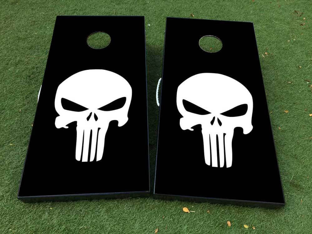 Zwart-wit Punisher-stijl Schedel Cornhole Bord Vinyl Wrap Decal Set