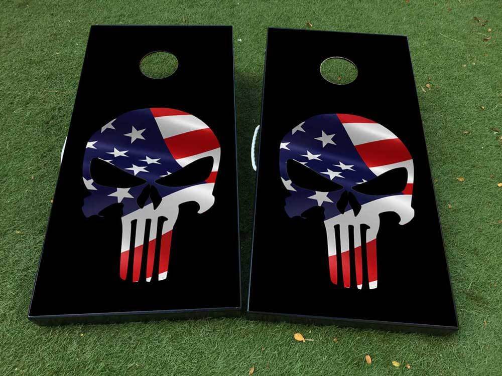 USA Vlag Punisher-Stijl Schedel Cornhole Board Vinyl Decal Wrap Set
