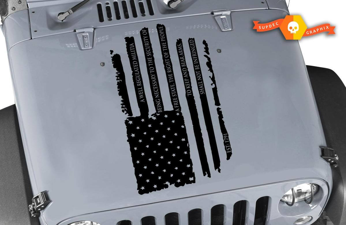 Tweede Amendement Versleten Amerikaanse Vlag Motorkap Vinyl Sticker voor Jeep Wrangler