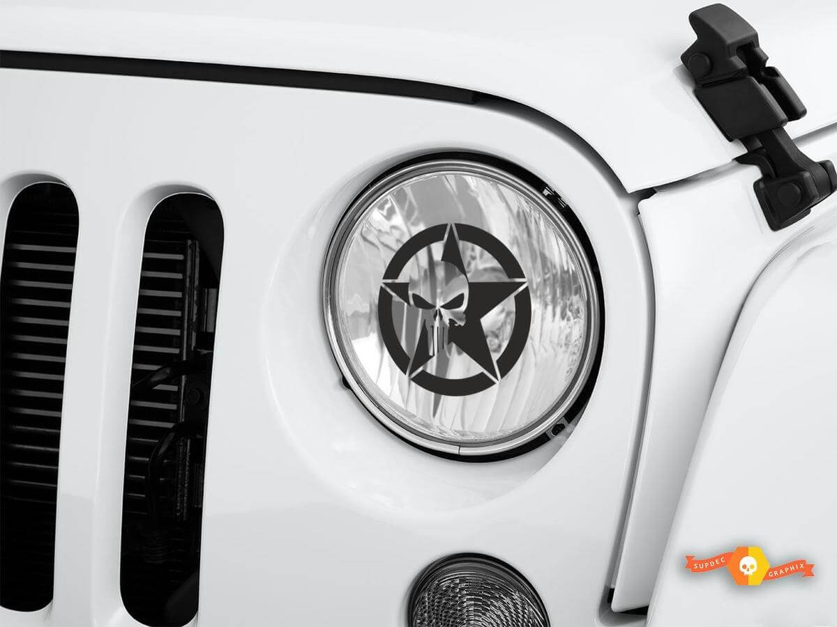 Militaire Star Skull Koplamp Geëtst Glas Stijl Vinyl Decal Set voor Jeep Wrangler