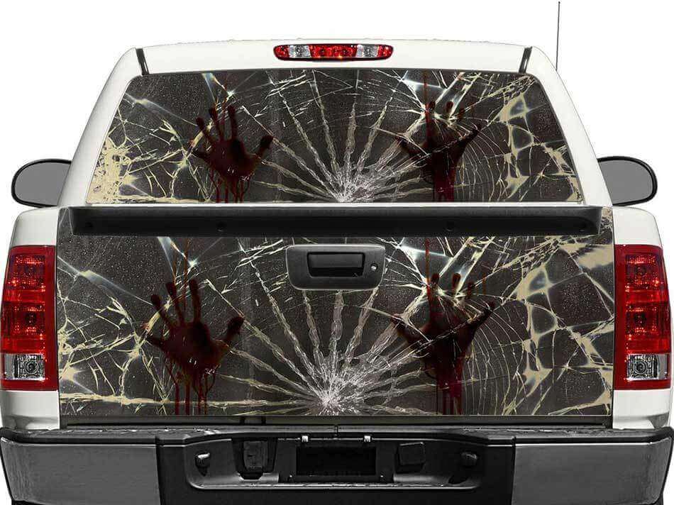Zombie handen gebroken glas achterruit- of achterklepsticker voor trucks en SUV's