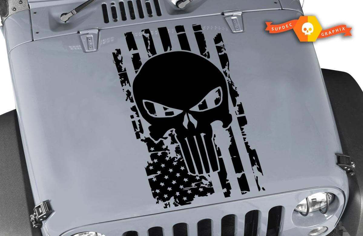 Versleten USAFlag Punisher Skull Kap Vinyl Sticker voor Jeep Wrangler
