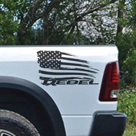 Dodge Ram Rebel Amerikaanse vlag noodlijdende kant Logo Truck Vinyl Sticker sticker afbeelding
