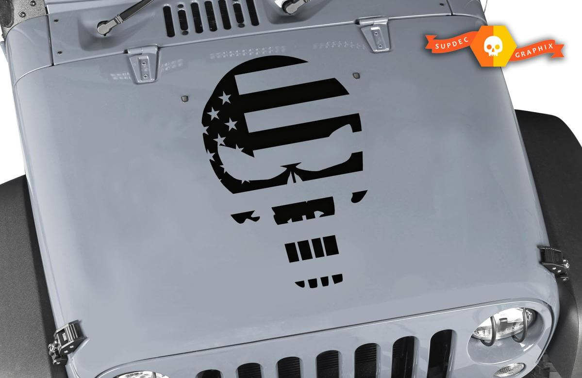Punisher Skull Amerikaanse Vlag Vinyl Motorkap Decal voor Jeep Wrangler