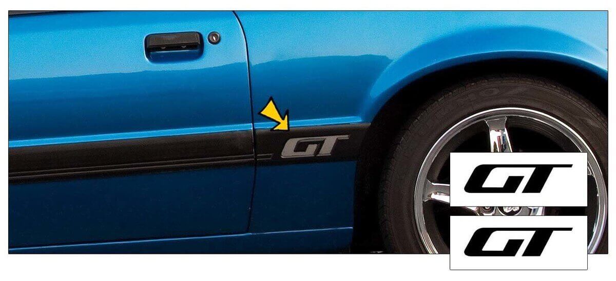 GT-logo kwartpaneel vinyl decalset voor Musclecar Musclecarmodel GT 1985-1986