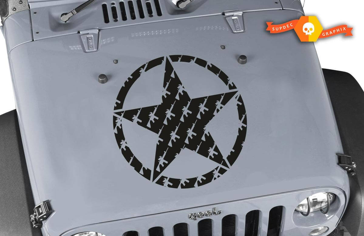 Army Star met Wapen Silhouetten Motorkap Vinyl Decal Sticker voor Jeep Wrangler