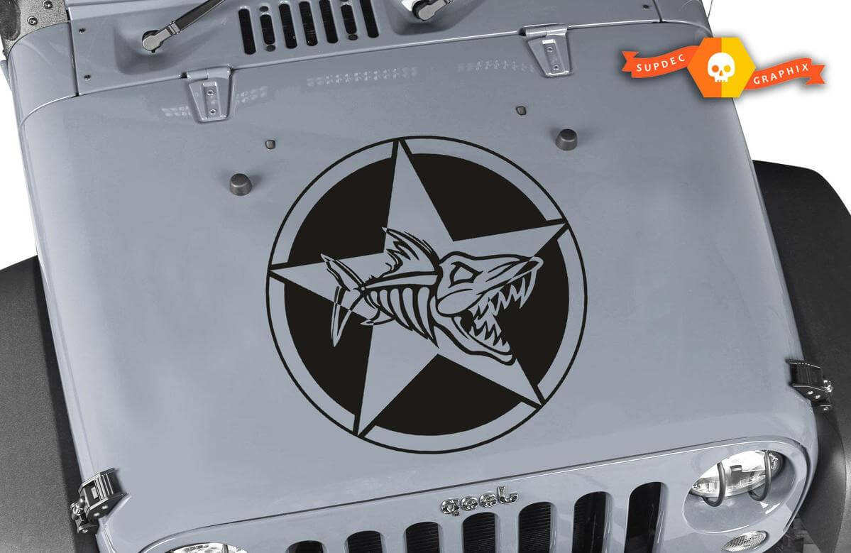 Oscar Mike Fish Skeleton Military Star Hood Sticker voor Jeep Wrangler