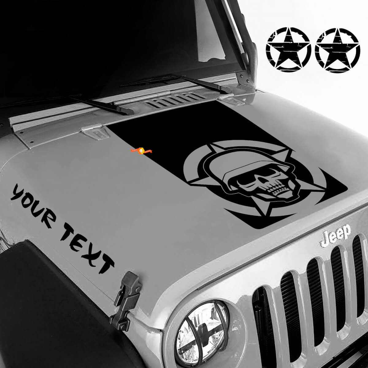 Militaire Schedel en Aangepaste Lettering Motorkap Vinyl Decal Set voor Jeep Wrangler