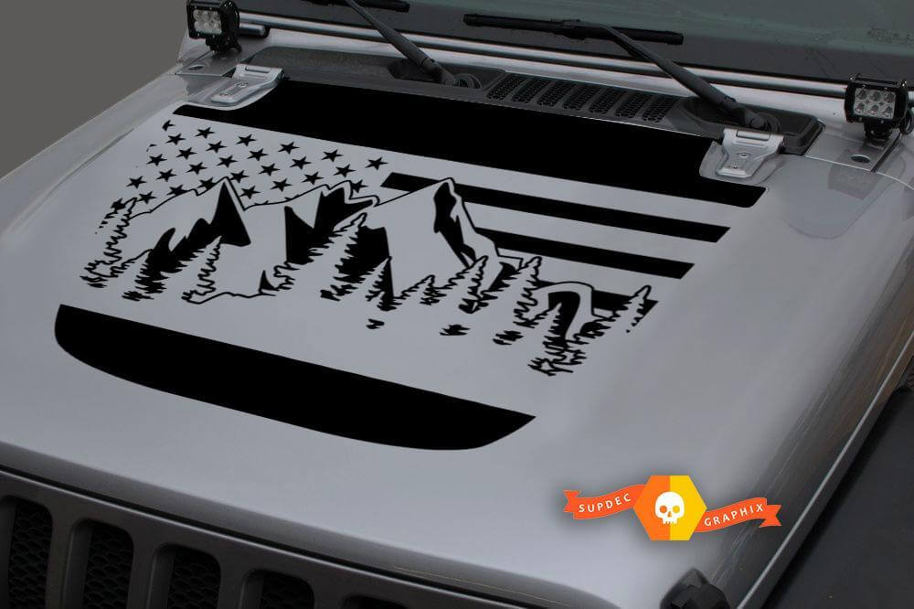 Hood Vinyl Forest Mountains USA Vlag Blackout Decal Sticker voor 18-19 Jeep Wrangler JL #1
