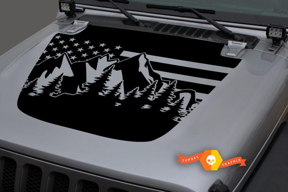 Hood Vinyl Forest Mountains USA Vlag Blackout Decal Sticker voor 18-19 Jeep Wrangler JL #2
