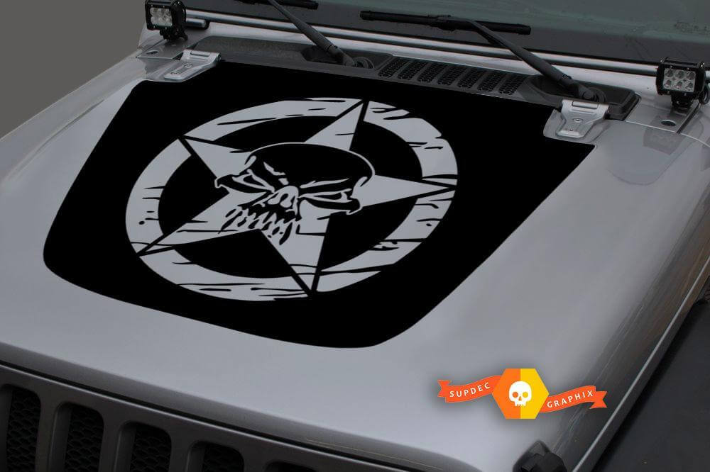 Hood Vinyl Skull Military Star Distressed Blackout Decal Sticker voor 18-19 Jeep Wrangler JL #1
