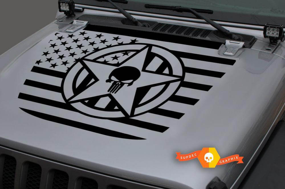 USA-vlag Militaire Ster Punisher Blackout Motorkap Vinyl Decal Sticker 2 voor Jeep Wrangler JL